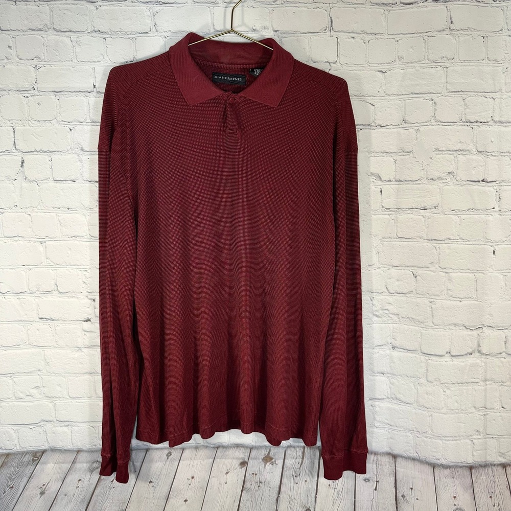 Jhane Barnes Mens Silk Blend Long Sleeve Polo Shirt Burgundy Red Knit Medium